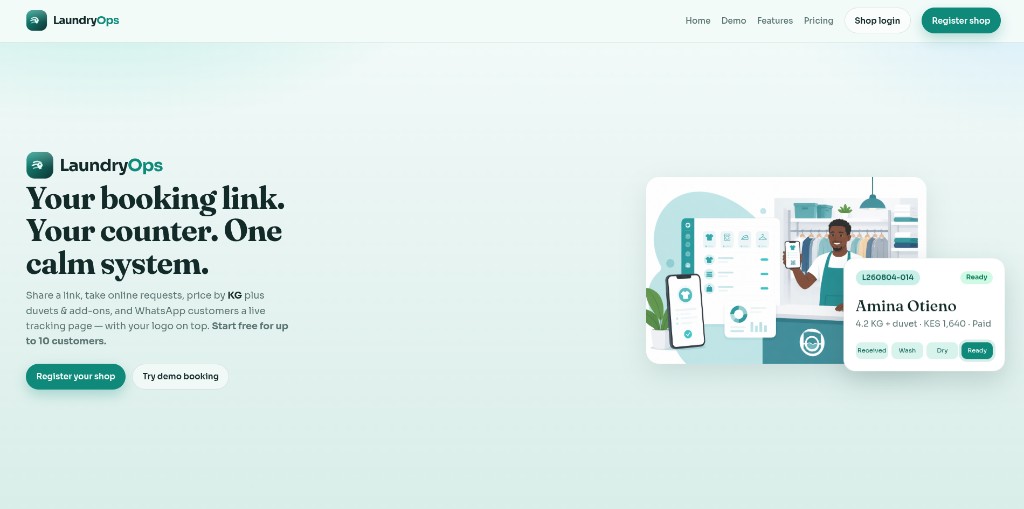 LaundryOps landing page — booking link, counter, and WhatsApp tracking