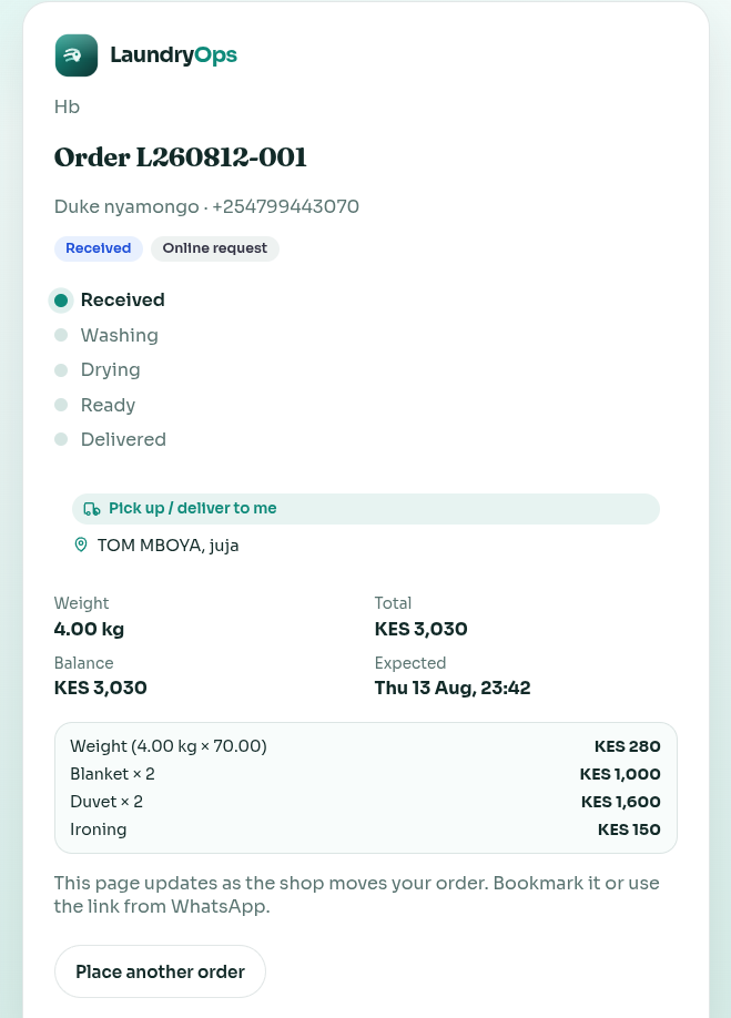 Customer order tracking page