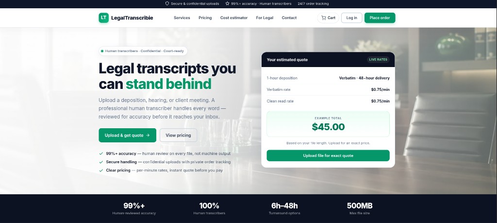 LegalTranscribie landing page with live quote widget