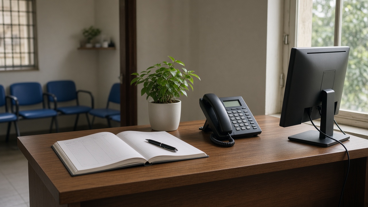 A clinic reception desk with an open appointment book and a monitor turned away