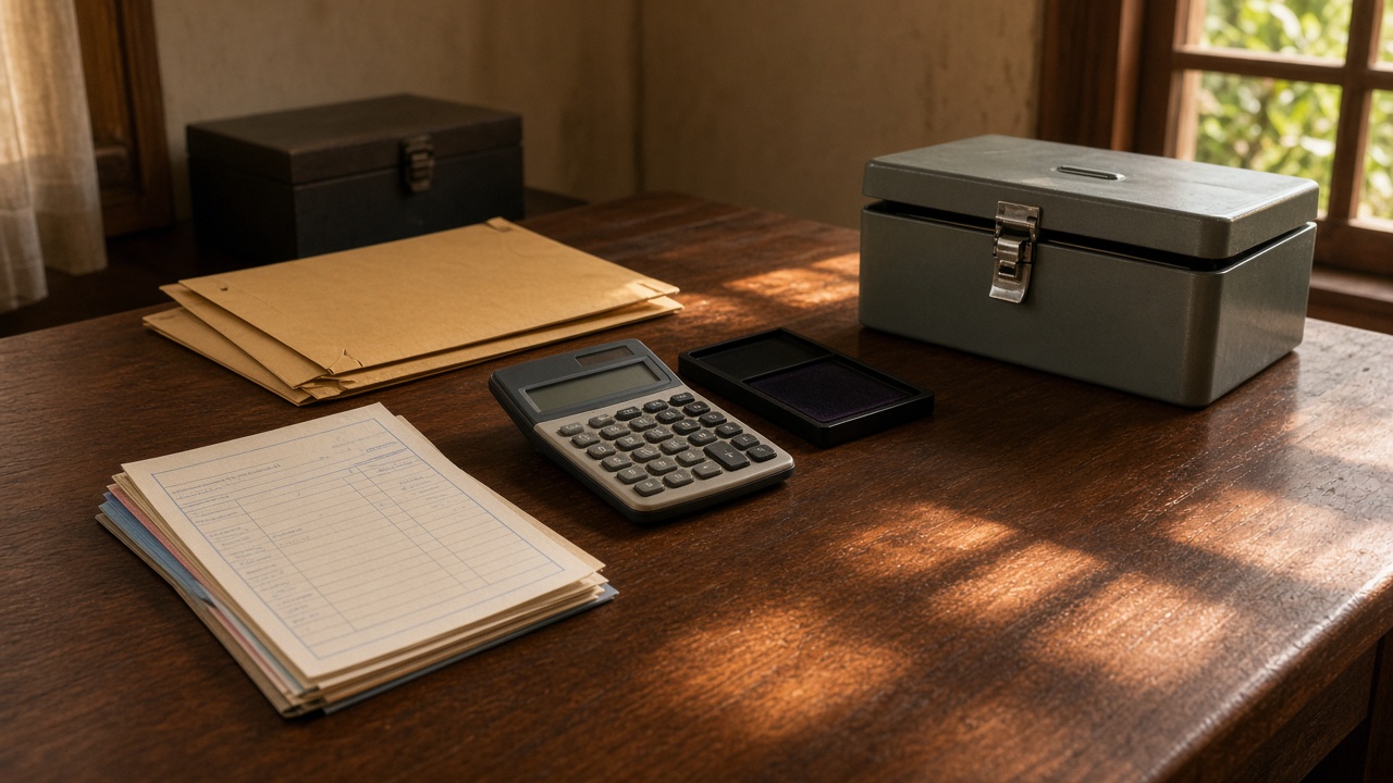 A school bursar desk with a receipt book, calculator, and cash box