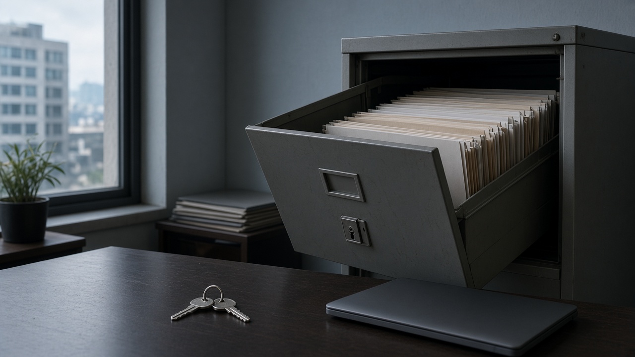 Personnel files in a locked cabinet with the key on the desk