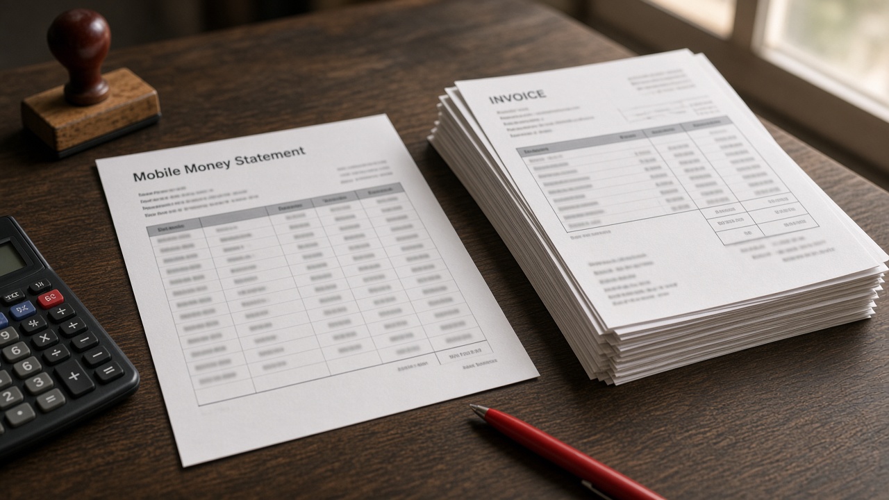 A printed payment statement beside invoice copies, a calculator, and a stamp