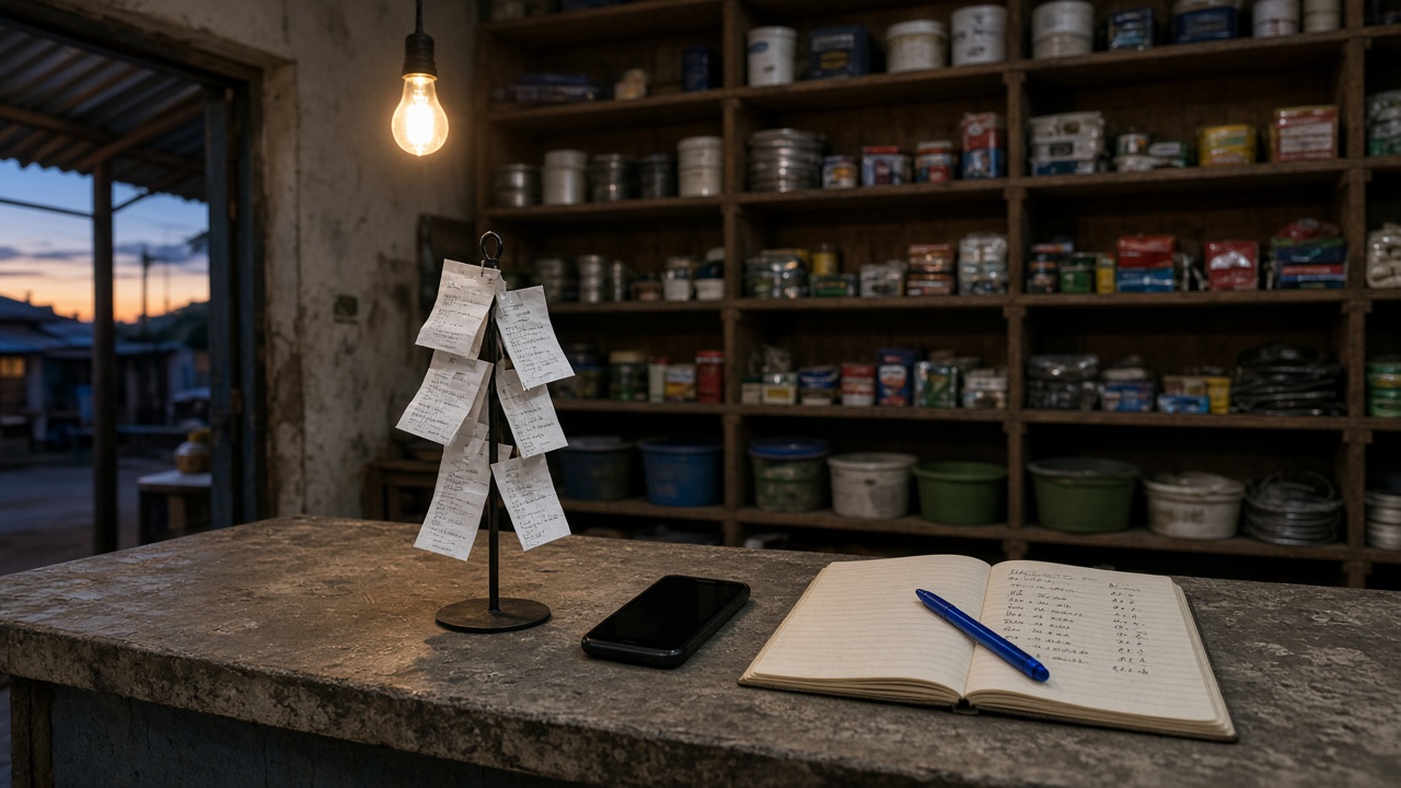 A small shop counter at dusk with a phone, a notebook, and a receipt spike