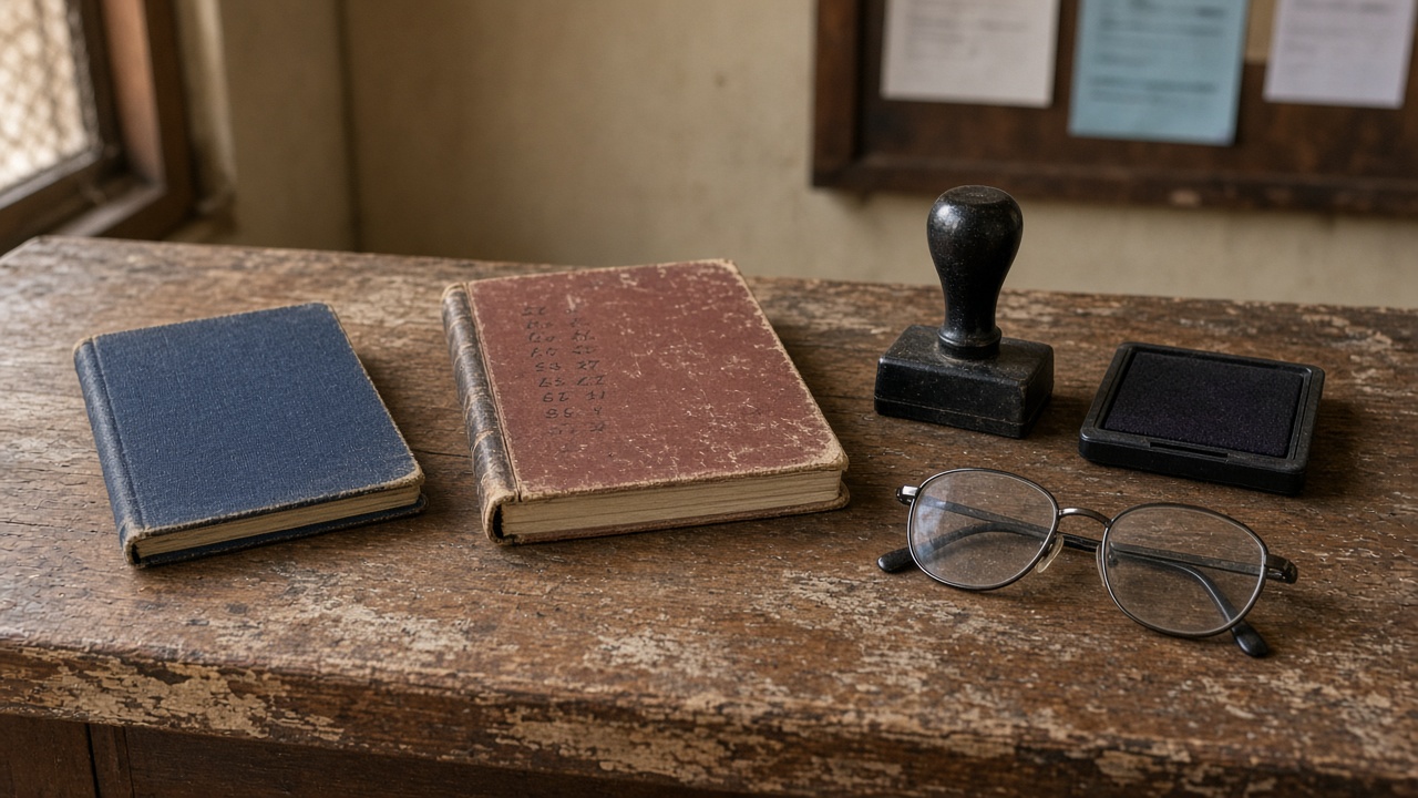 A closed passbook and ledger on a wooden savings-office counter