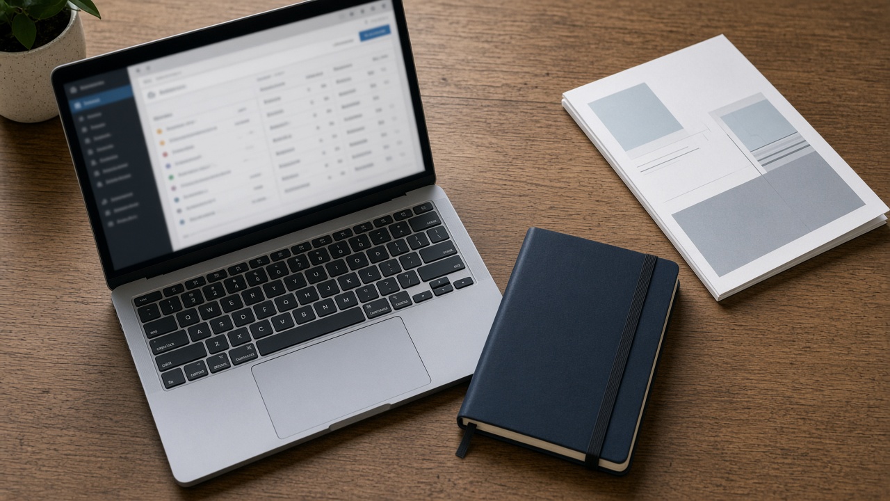 A laptop open to a blurred portal beside a shut notebook