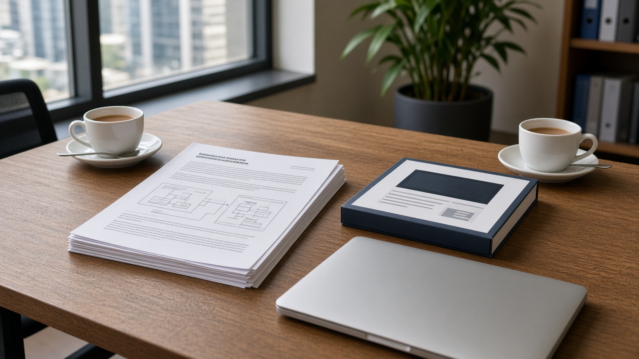 A proposal and a software manual on a meeting table, the choice still open