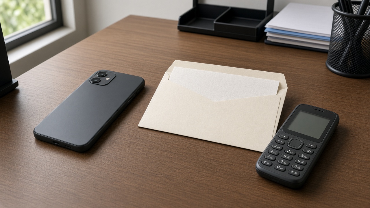 A smartphone, a letter, and a feature phone on a desk, one message three ways