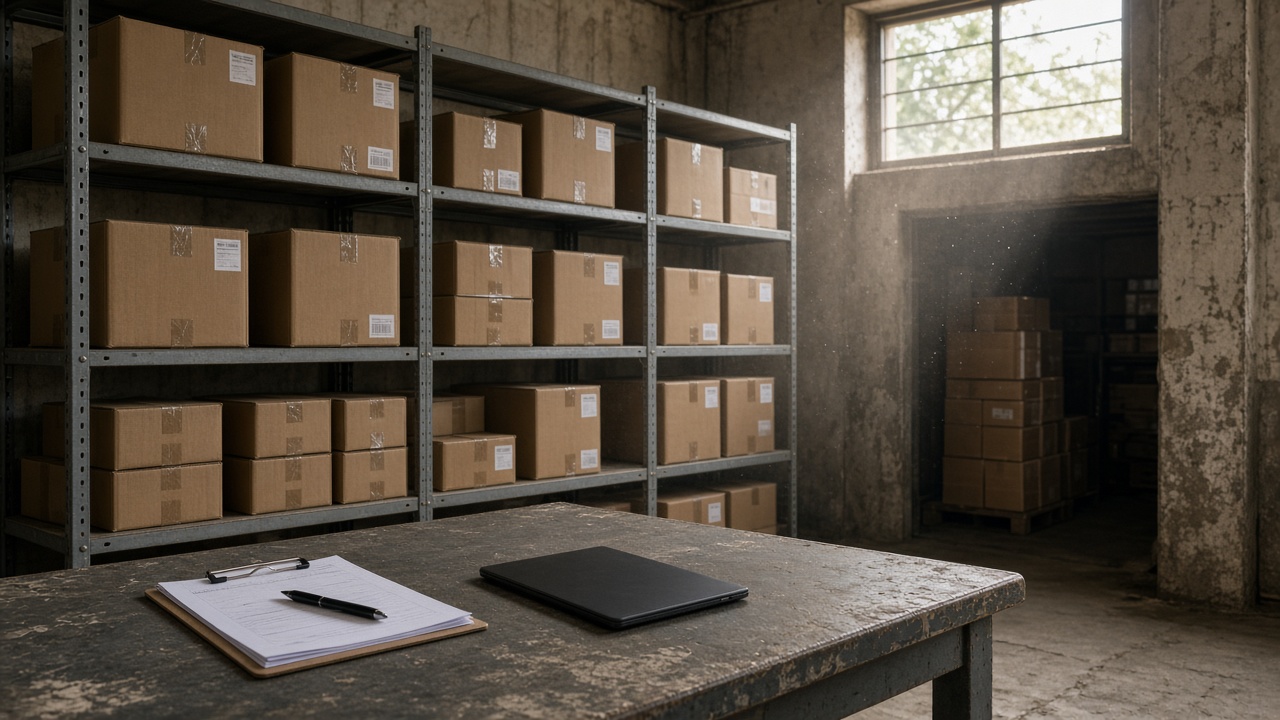Warehouse shelves and a clipboard on a packing table during a stock count